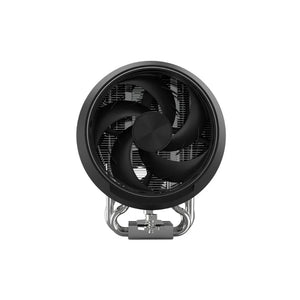 Front view of black Zalman ZET5 BK CPU air cooler with large fan blades and heat pipes