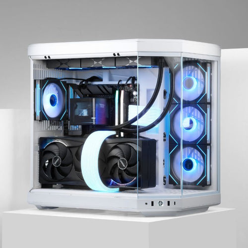 RTX 5090 PC build Singapore in Hyte Y70 Snow White case with Lian Li fan and Strimer lighting, by Mansa Computers