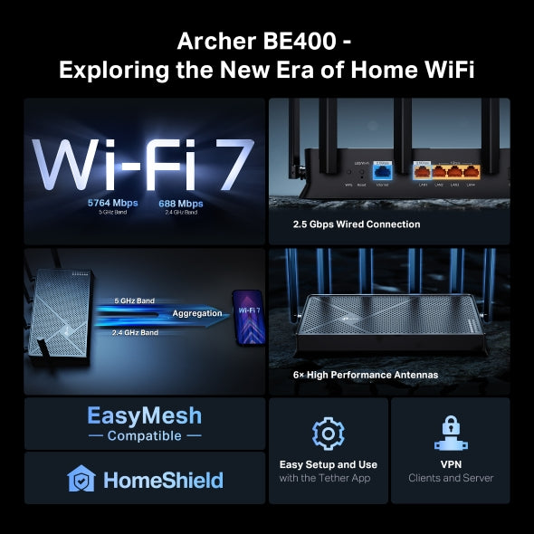 TP-Link Archer BE400 BE6500 Dual-Band Wi-Fi 7 Router - Mansa Computers