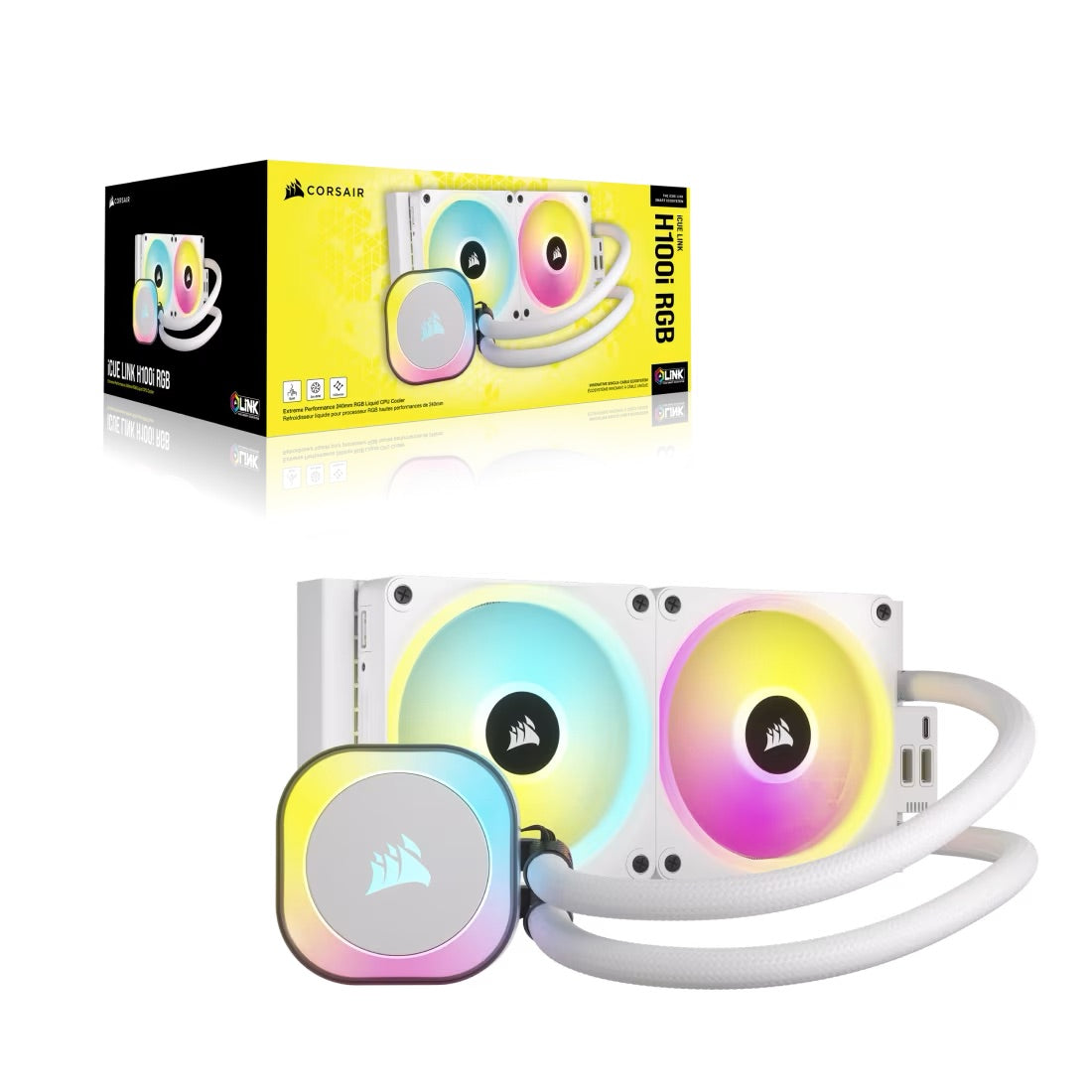 CORSAIR iCUE LINK H100i RGB White Liquid CPU Cooler - QX120 RGB Fans - 240mm Radiator